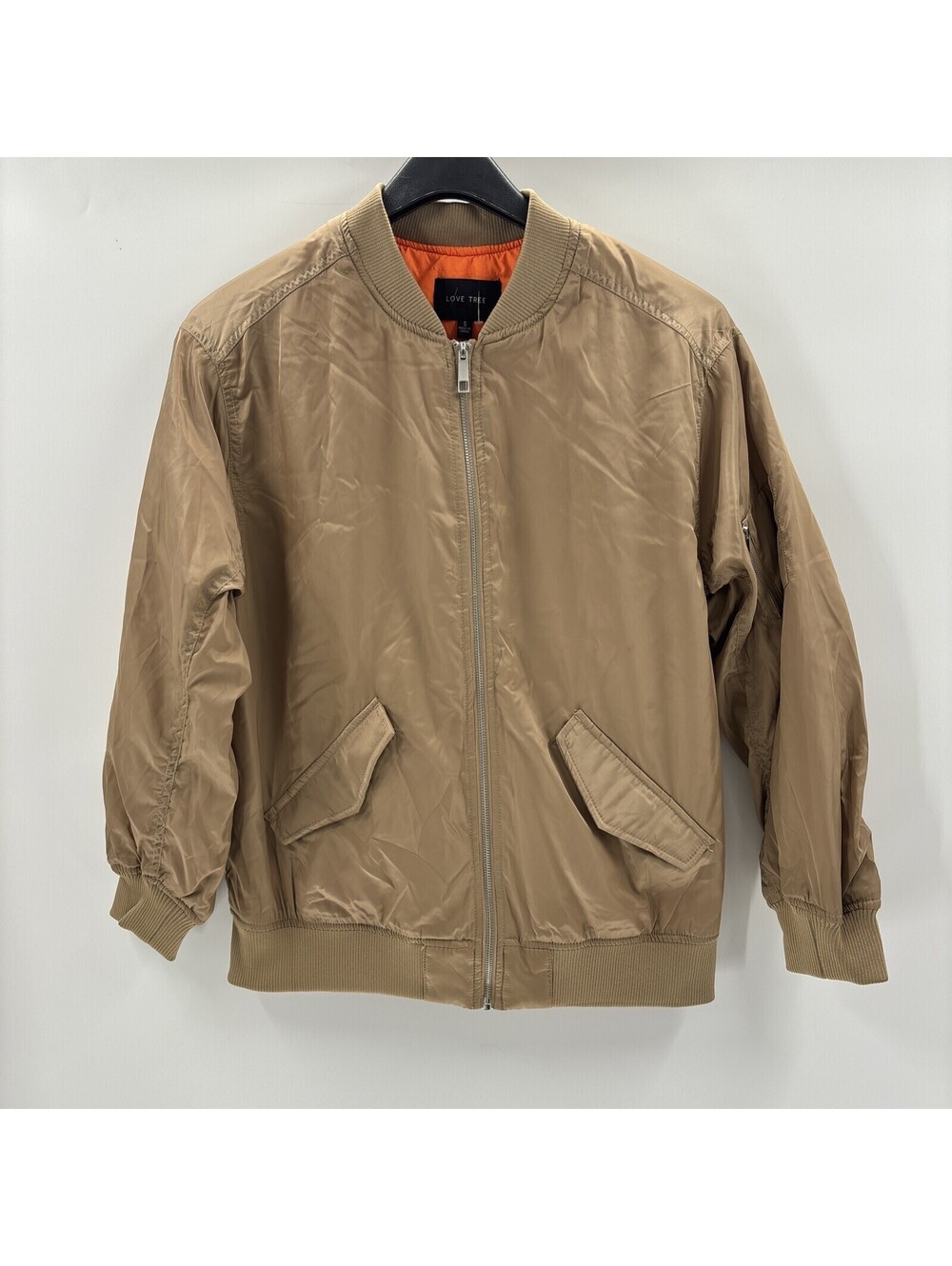 NWOT Love Tree Women’s Full Zip Solid Bomber Jacket, Khaki Size L